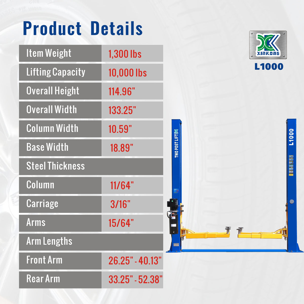 XK L1000 2 Post Auto Lift Car Lift Auto Truck Hoist Heavy Duty 10,000 LBS 220V or 110V