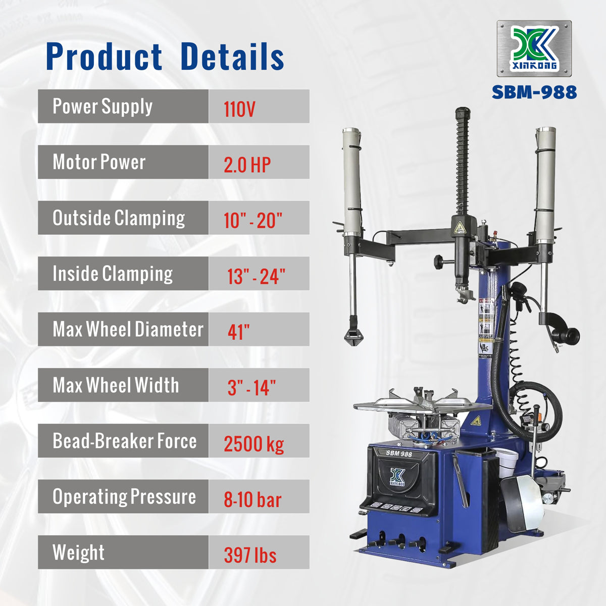 XK 988 Tire Changer Wheel Changer Machine 110V with Auxiliary Arm 12"-24"