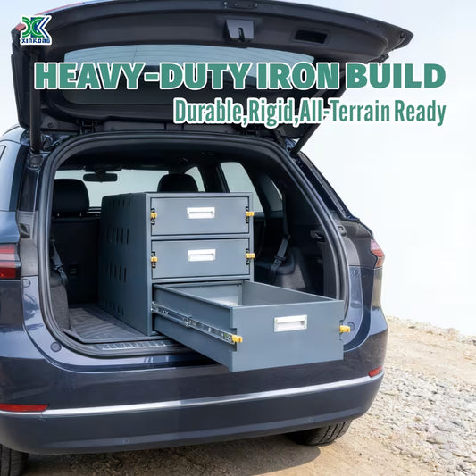 Heavy-Duty Overland Slide-Out Camping Kitchen, 3 Tier Iron Outdoor Cooking Station with Full Extension Drawers, Portable SUV Camp Kitchen for Stove & Utensils, Modular Tool Box for Truck/Trailer