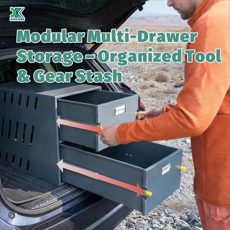 Heavy-Duty Overland Slide-Out Camping Kitchen, Iron Outdoor Cooking Station with Full Extension Drawers, Portable SUV Camp Kitchen for Stove & Utensils, Modular Tool Box for Truck/Trailer, 2 Tier