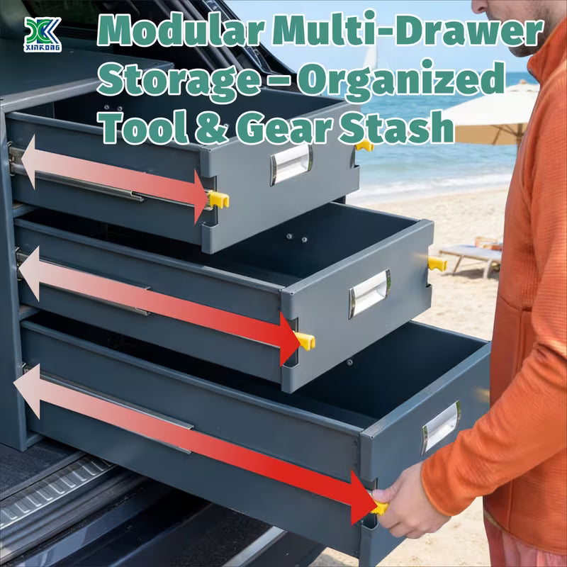 Heavy-Duty Overland Slide-Out Camping Kitchen, 3 Tier Iron Outdoor Cooking Station with Full Extension Drawers, Portable SUV Camp Kitchen for Stove & Utensils, Modular Tool Box for Truck/Trailer