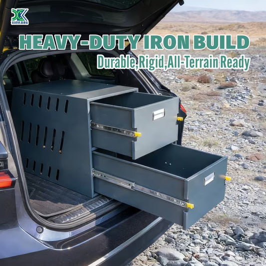 Heavy-Duty Overland Slide-Out Camping Kitchen, Iron Outdoor Cooking Station with Full Extension Drawers, Portable SUV Camp Kitchen for Stove & Utensils, Modular Tool Box for Truck/Trailer, 2 Tier